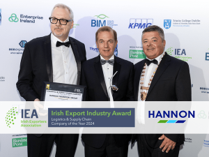 Accepting the award on behalf of HANNON Transport Group: L-R: Steve Breen, Operations Director, Thyme IT with Simon McKeever, CEO of the IEA and Colin Dunne, President of the IEA & Joint Managing Director of International Warehousing & Transport (IWT).