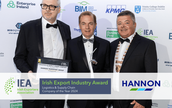 Accepting the award on behalf of HANNON Transport Group: L-R: Steve Breen, Operations Director, Thyme IT with Simon McKeever, CEO of the IEA and Colin Dunne, President of the IEA & Joint Managing Director of International Warehousing & Transport (IWT).