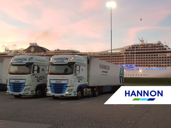 Two lorries parked at port with cruise ship in the background