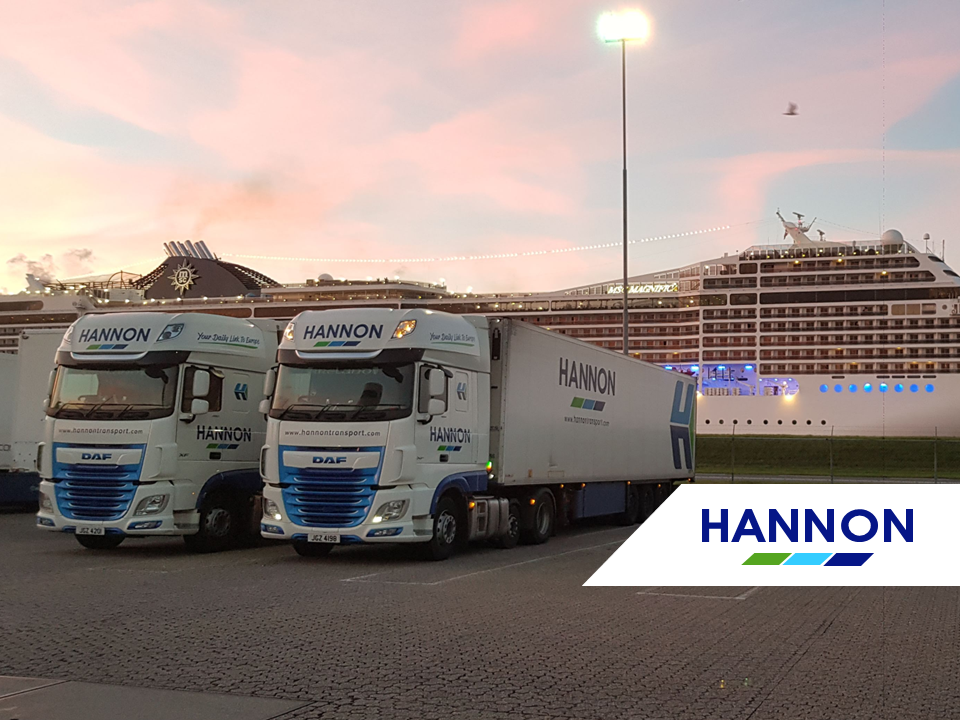 Two lorries parked at port with cruise ship in the background